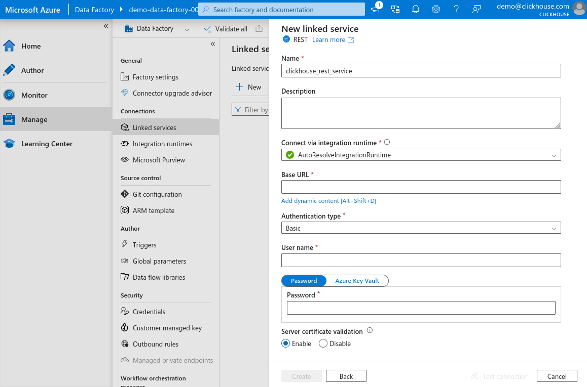 Область создания новой связанной службы